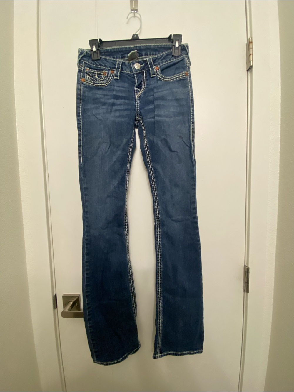 True Religion Dark Blue Flare Jeans with Contrast Stitching